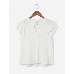 Calypso St. Barth Cream 100% Cotton Button-Front Ruffle Sleeve Blouse